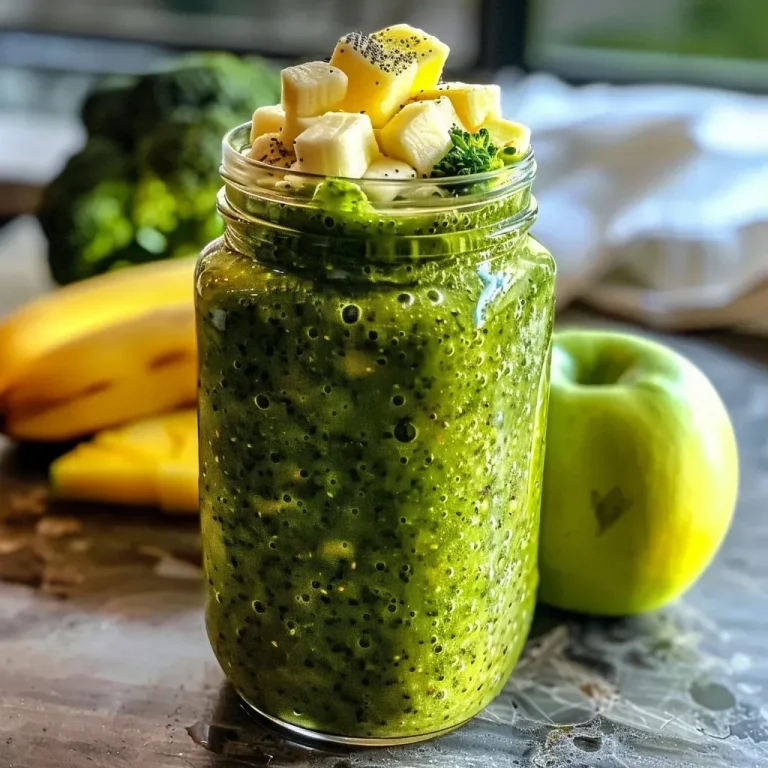 Un smoothie vert revitalisant pour bien commencer la journée Close-up of a green broccoli smoothie in a clear glass with ice cubes.