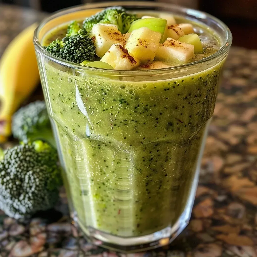Fresh broccoli smoothie with banana and apple, displayed in a glass with a slice of lemon.