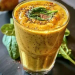 A close-up view of a creamy butternut squash smoothie in a clear glass, showcasing its vibrant orange color.
