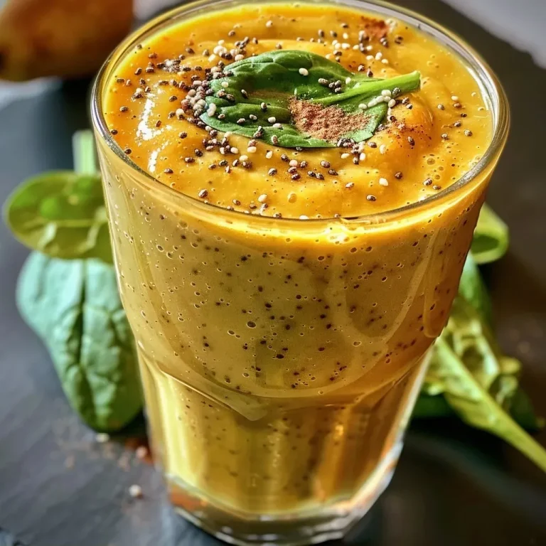 A close-up view of a creamy butternut squash smoothie in a clear glass, showcasing its vibrant orange color.
