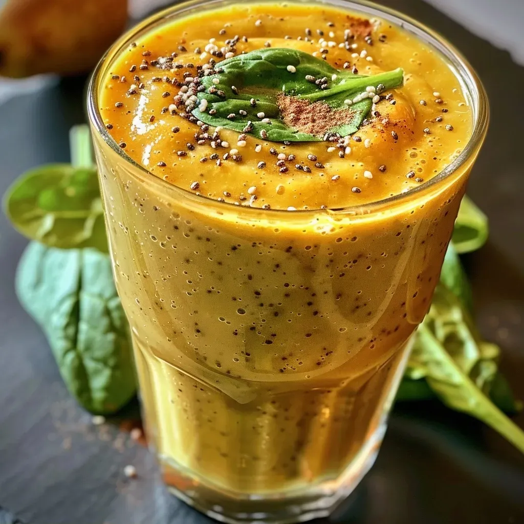A close-up view of a creamy butternut squash smoothie in a clear glass, showcasing its vibrant orange color.