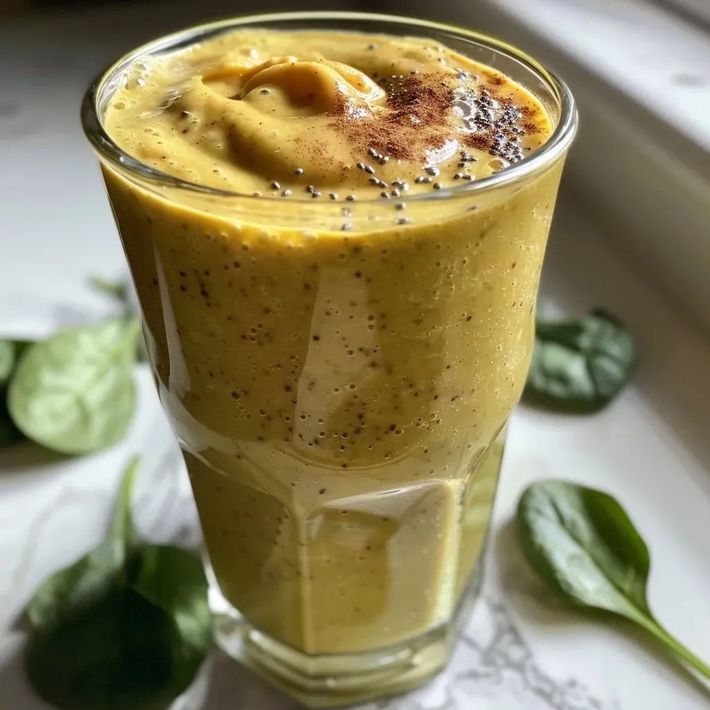 A smoothie made with butternut squash, cashew milk, and spinach, displayed in a side view, highlighting its thick texture.