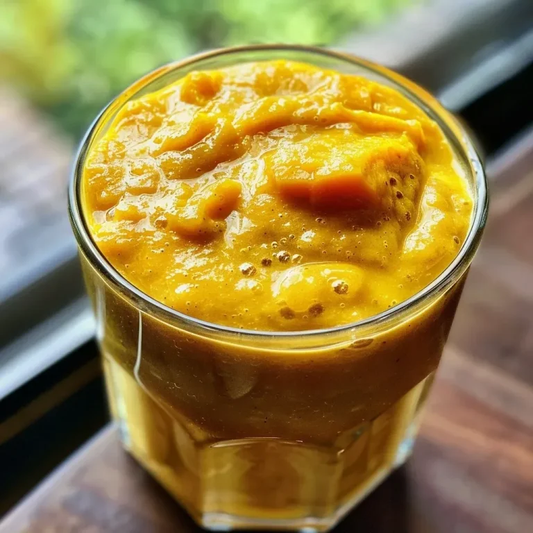 Close-up of a creamy butternut squash smoothie in a glass, garnished with a sprinkle of cinnamon.