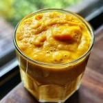 Close-up view of a creamy butternut squash smoothie in a glass.