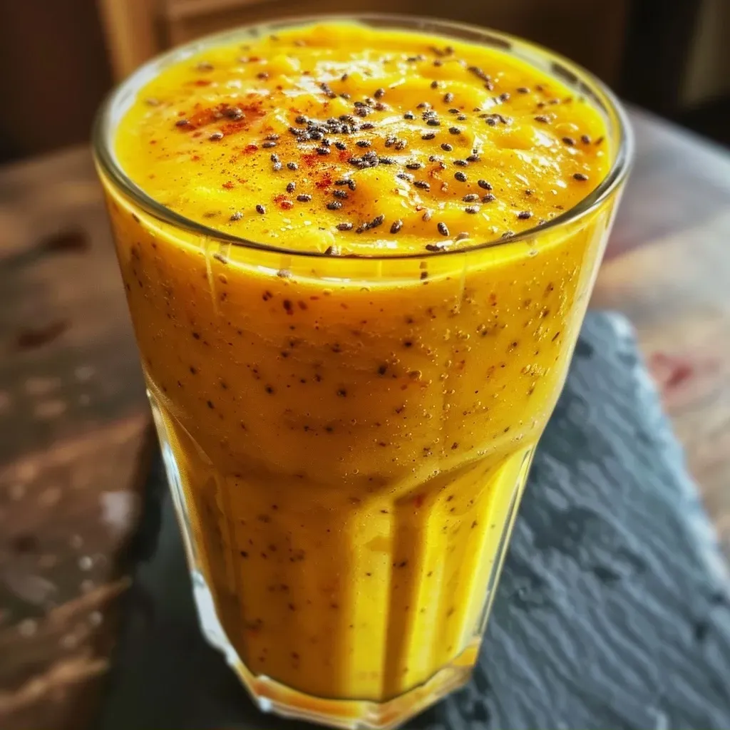 Side view of a vibrant orange smoothie made with butternut squash, served in a clear glass.