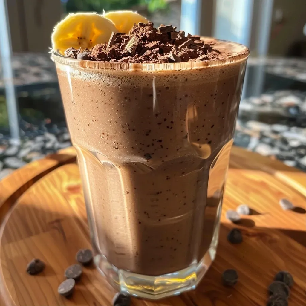 Close-up of a vibrant smoothie made with cacao and banana in a glass, showcasing a creamy texture.