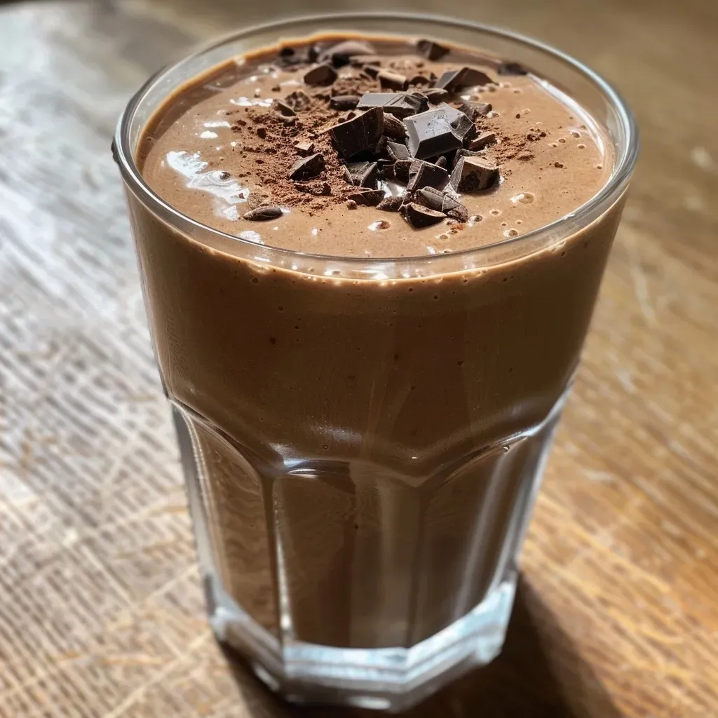 Side view of a delicious cacao smoothie garnished with a slice of banana and a sprinkle of cacao powder.