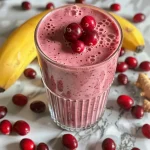 ['Close-up view of a vibrant cranberry smoothie with fresh ingredients.', 'A side view of a creamy smoothie featuring fresh cranberries and banana.', 'Juicy cranberry smoothie in a glass, showcasing its rich color and texture.', 'Delicious cranberry smoothie with visible fruit pieces, served in a clear glass.']
