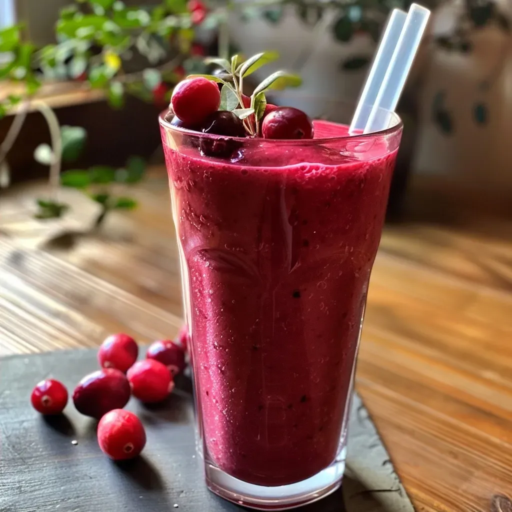 Close-up view of a vibrant cranberry smoothie with fresh ingredients.