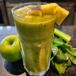 Close-up of a vibrant detox smoothie in a glass, surrounded by fresh fruit and greens.