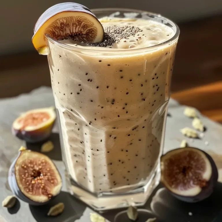 Close-up side view of a creamy fig smoothie in a glass, adorned with fresh figs.