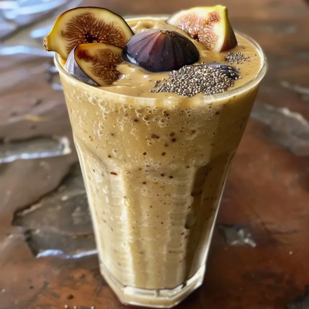 A thick and delicious smoothie made with figs and banana, showcased in a clear cup.