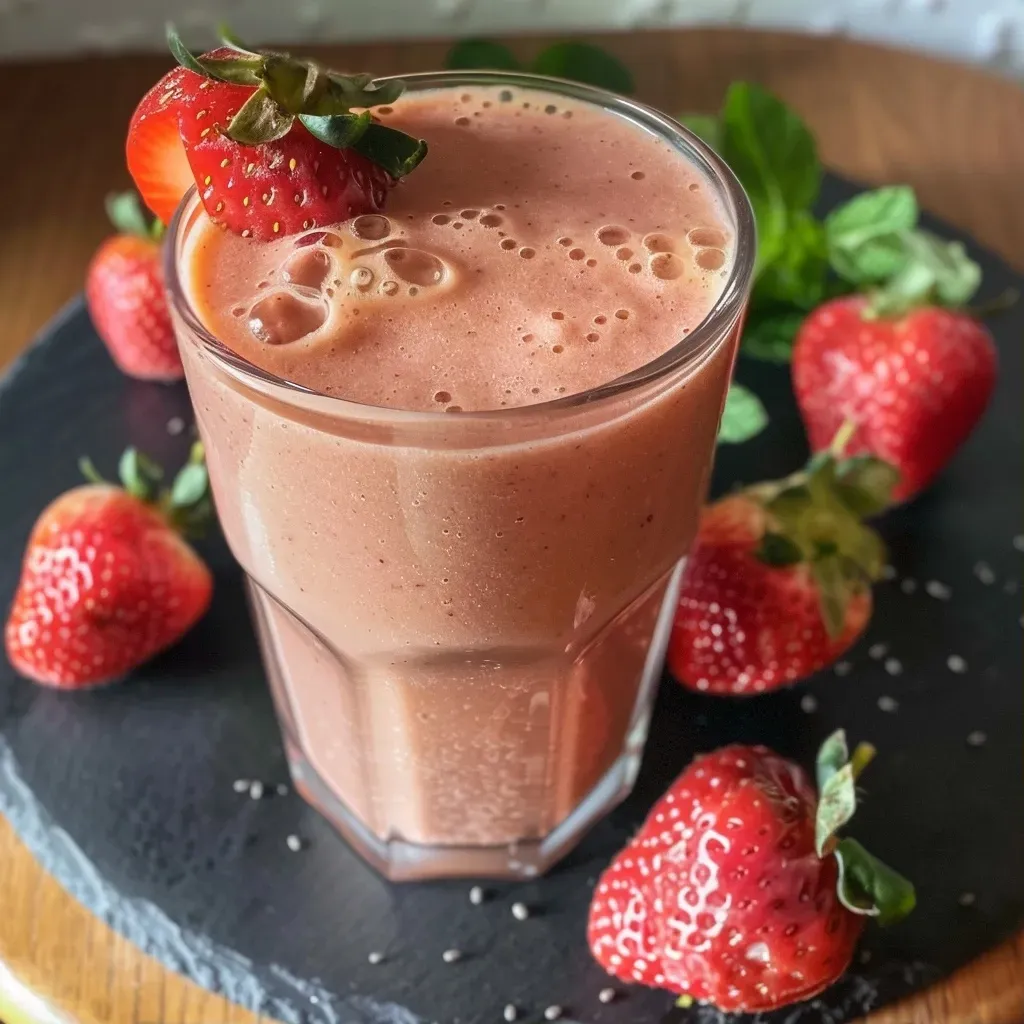 Close-up view of a vibrant strawberry almond smoothie in a glass.