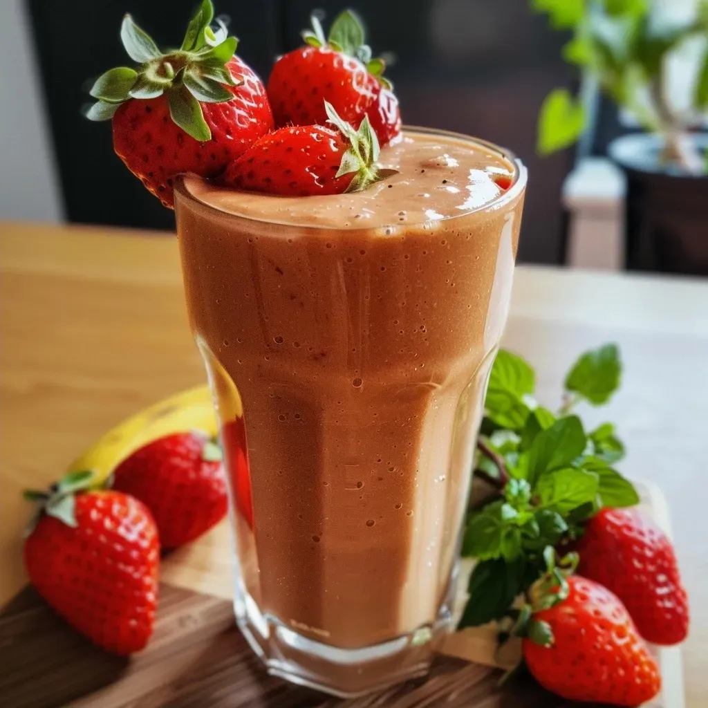 Side view of a refreshing smoothie made with strawberries and almond milk.
