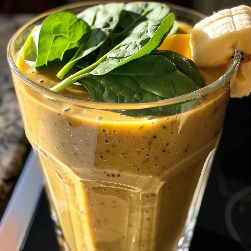 Close-up view of a vibrant ginger smoothie in a glass, showcasing its thick texture and color.