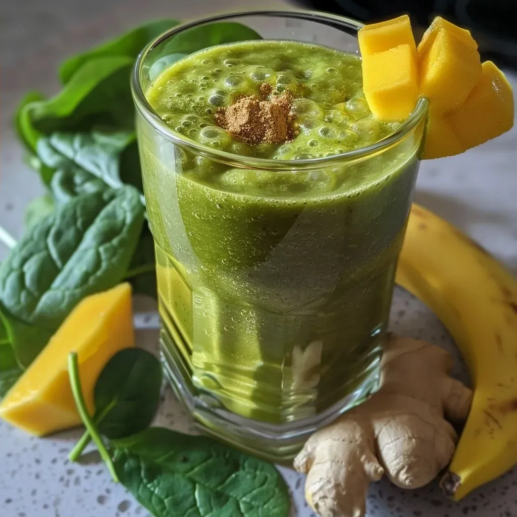 Side view of a colorful smoothie featuring mango and ginger ingredients, served in a clear glass.