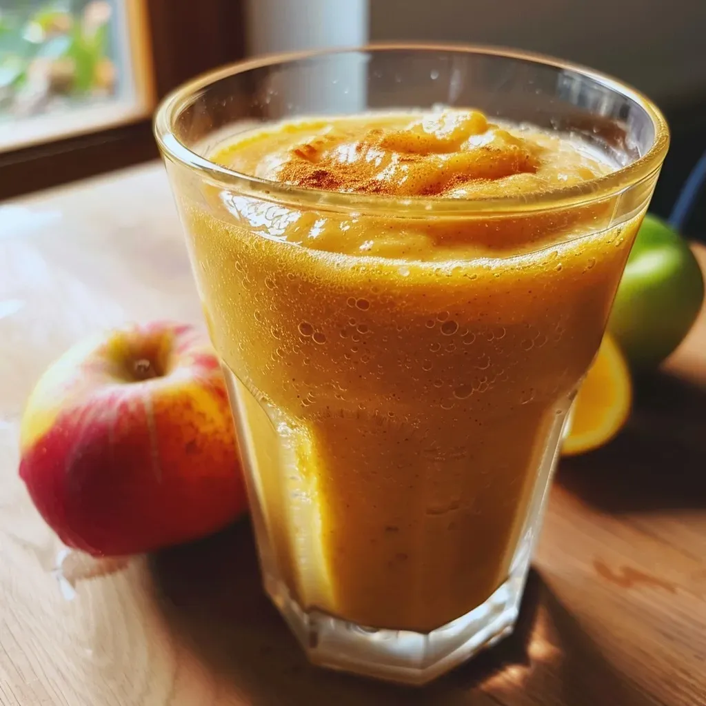 Side view of a creamy apple smoothie in a glass, showcasing a vibrant color.