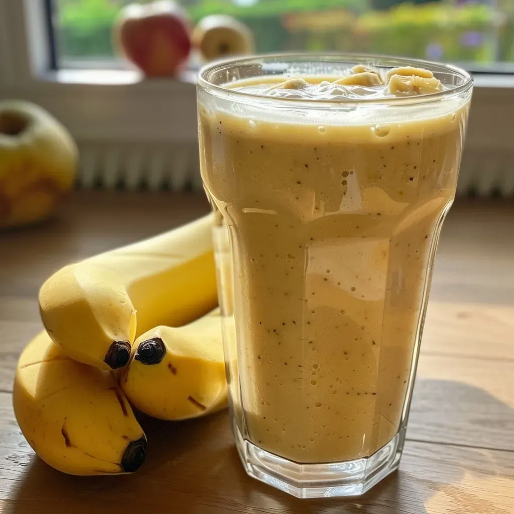 Close-up view of a creamy apple smoothie in a glass, with a banana slice on top.
