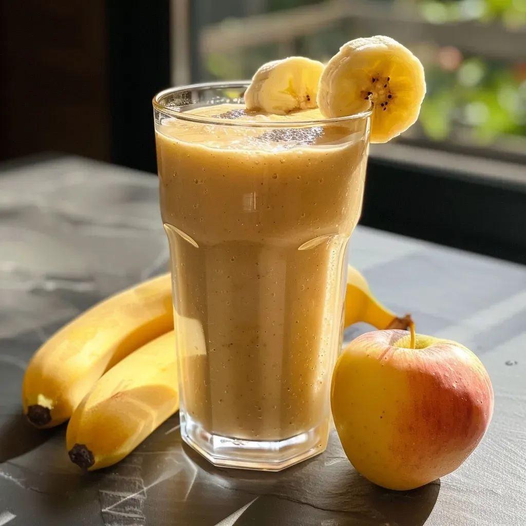 Side angle shot of a vibrant smoothie made from apples and banana, garnished with a sprinkle of cinnamon.
