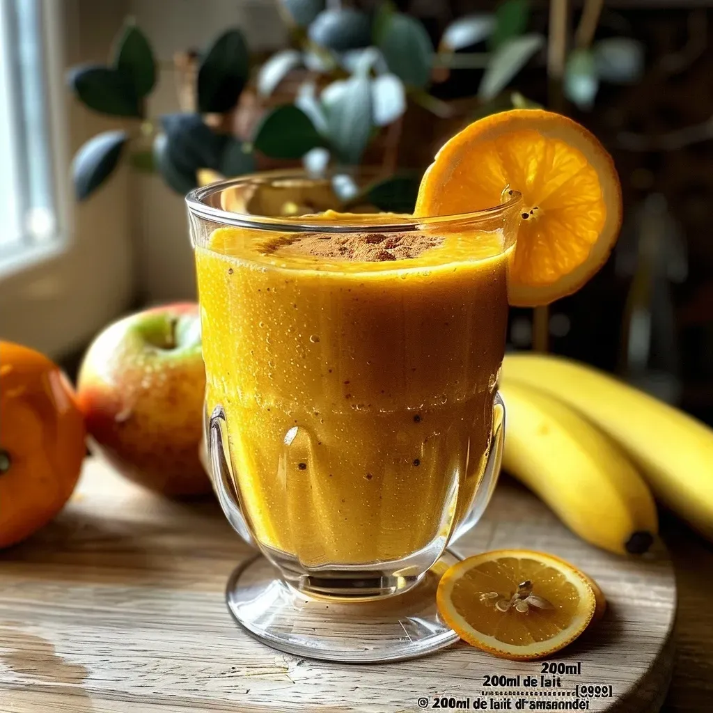 Side view of a vibrant orange smoothie made with pumpkin, apple, and banana.