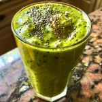 Close-up of a warm, high-fiber smoothie in a clear glass, showcasing vibrant green ingredients.