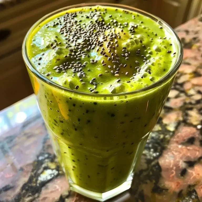 Close-up of a warm, high-fiber smoothie in a clear glass, showcasing vibrant green ingredients.