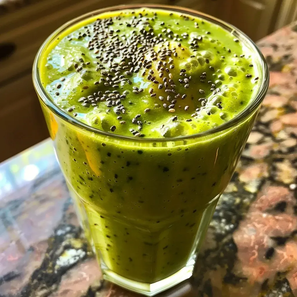 Close-up of a warm, high-fiber smoothie in a clear glass, showcasing vibrant green ingredients.