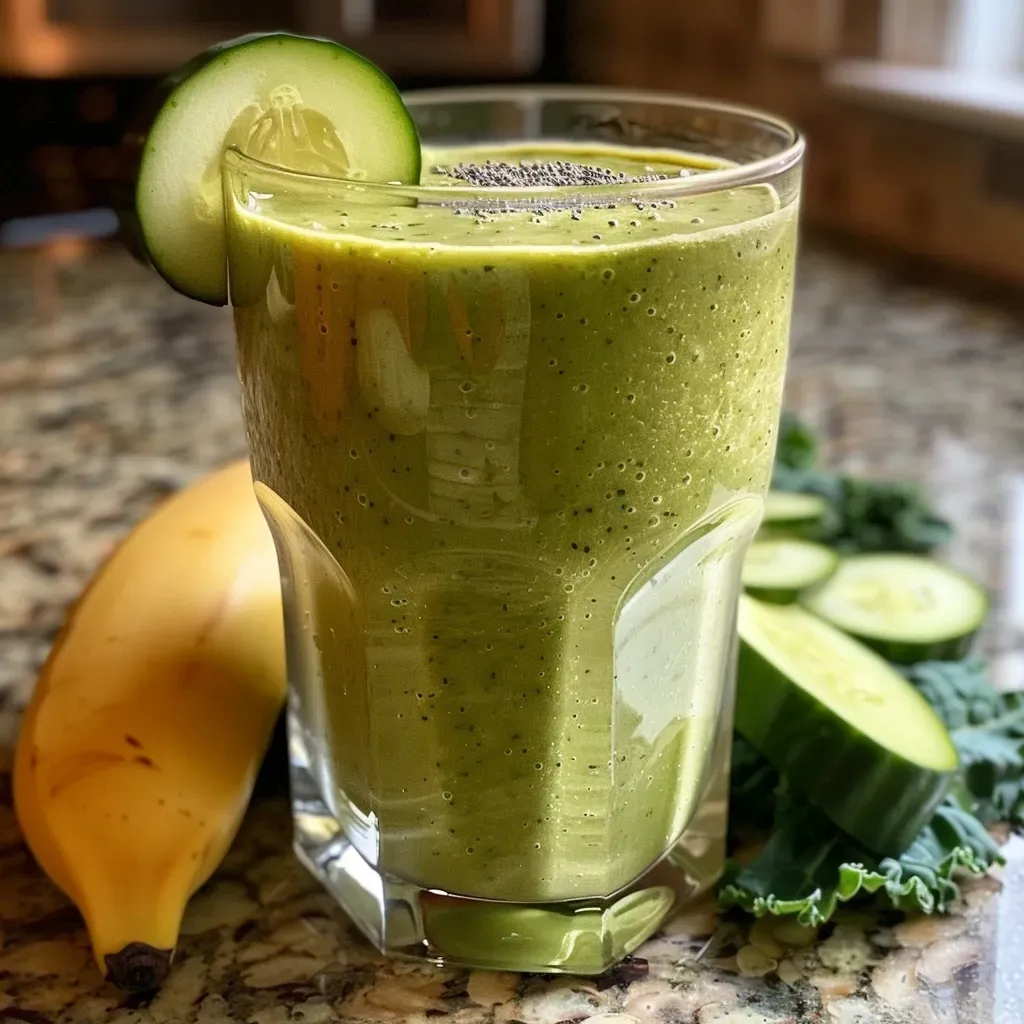 Side view of a creamy smoothie filled with kale, spinach, and banana, presented in a glass.
