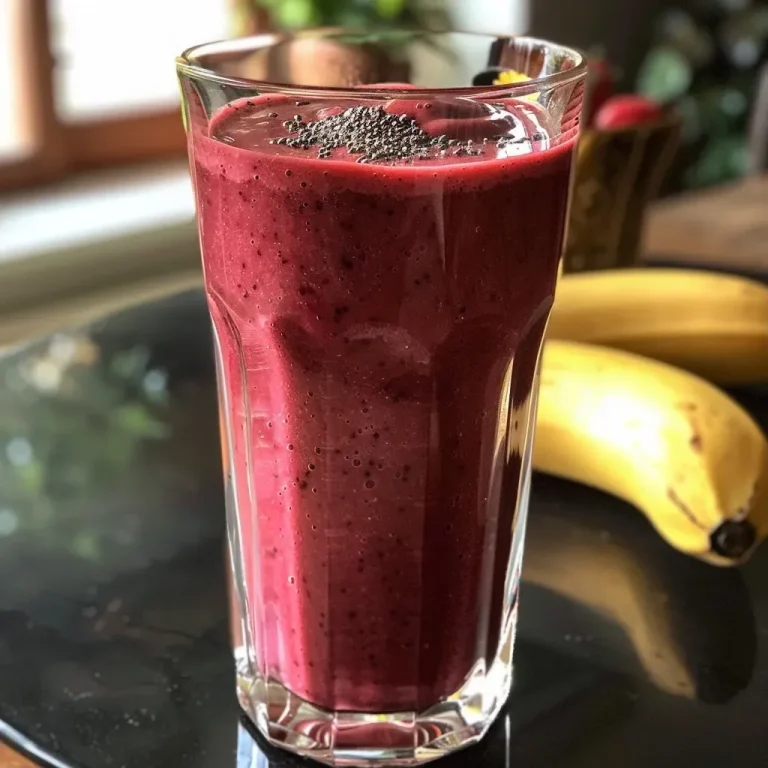 A vibrant red smoothie in a glass, showcasing a mix of berries and beets.
