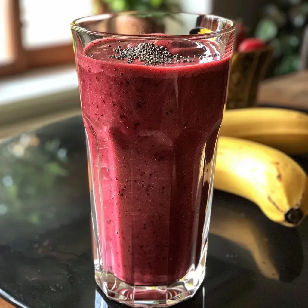 A vibrant red smoothie in a glass, showcasing a mix of berries and beets.