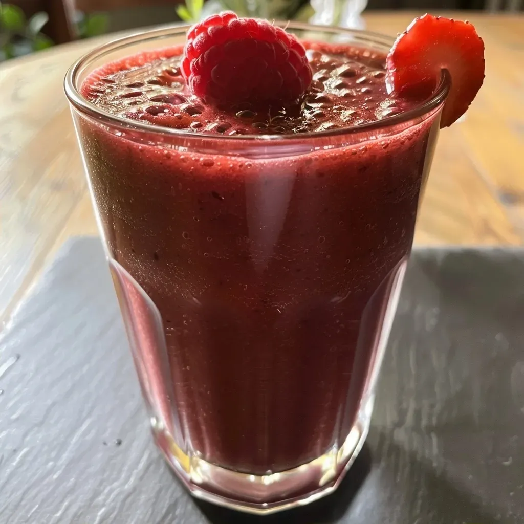 Close-up view of a nutritious smoothie, highlighting its rich color and berry toppings.
