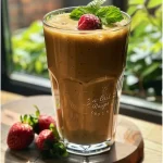 Close-up of a vibrant smoothie in a glass, showcasing fresh fruits.