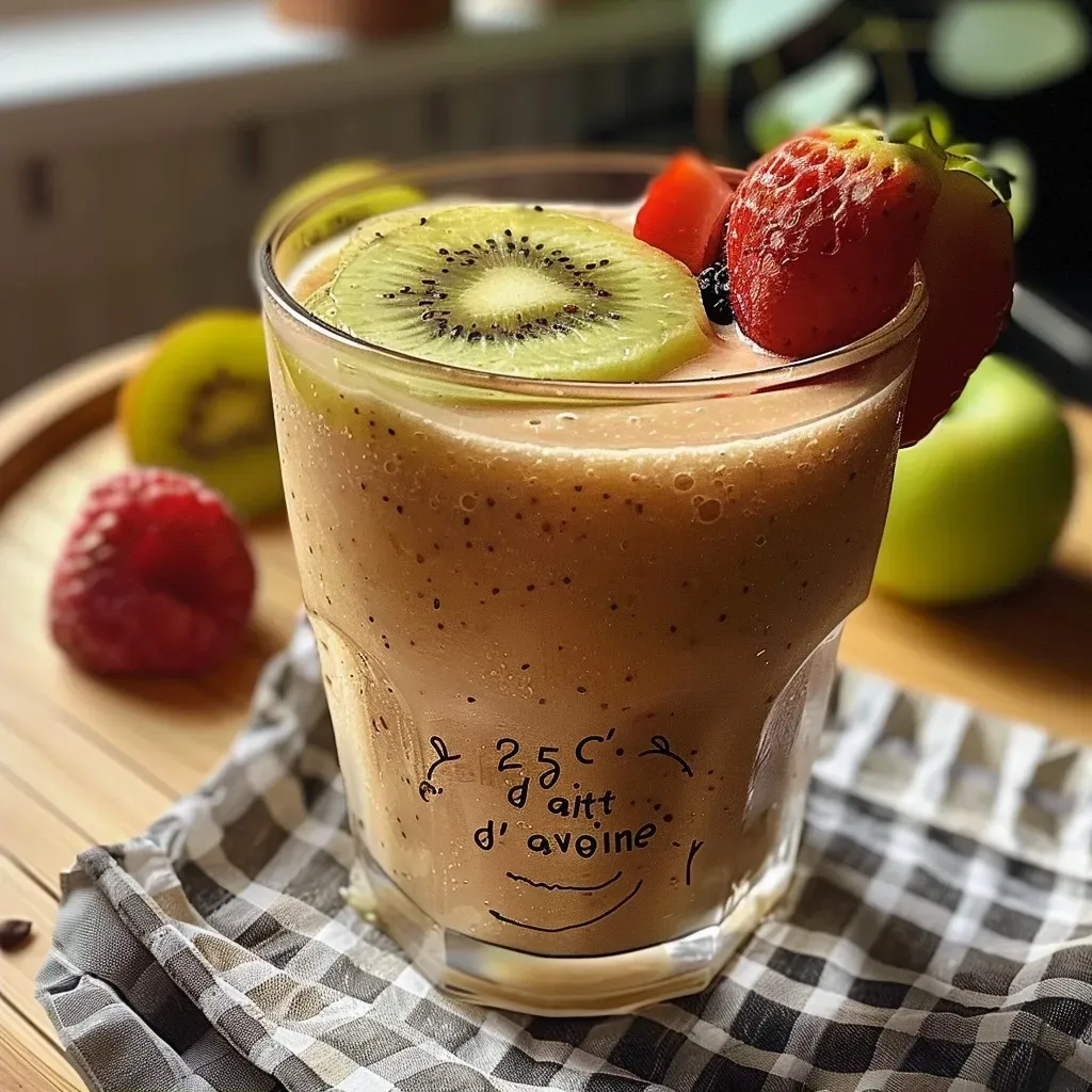 A side view of a colorful smoothie with fruit pieces and a straw.