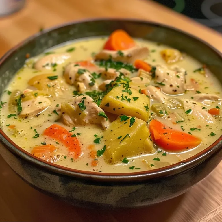 Soupe de poulet anti-inflammatoire : Un bol de bien-être à savourer ! A close-up view of a bowl of anti-inflammatory chicken soup, showcasing vibrant vegetables and herbs.