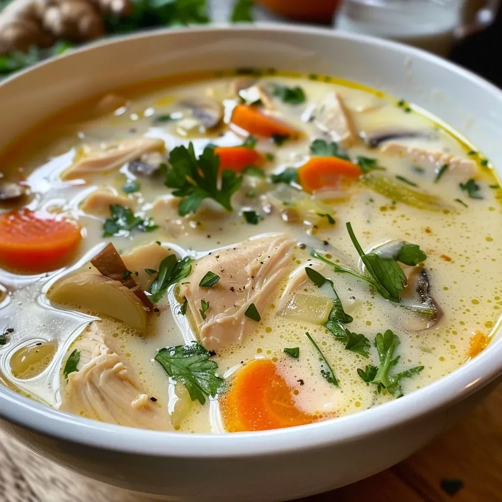 Side angle of a delicious chicken soup filled with colorful ingredients, served in a rustic bowl.