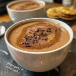 A close-up side view of a bowl of dark chocolate soup topped with whipped cream.