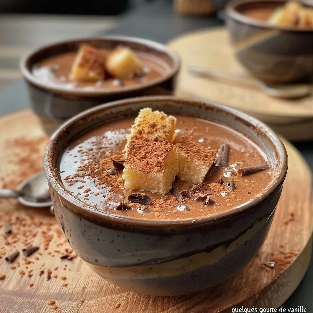 A delicious serving of cocoa soup in a bowl, featuring whipped cream and crispy biscotte.
