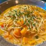 A close-up side view of a bowl of spaghetti squash soup with visible ingredients.