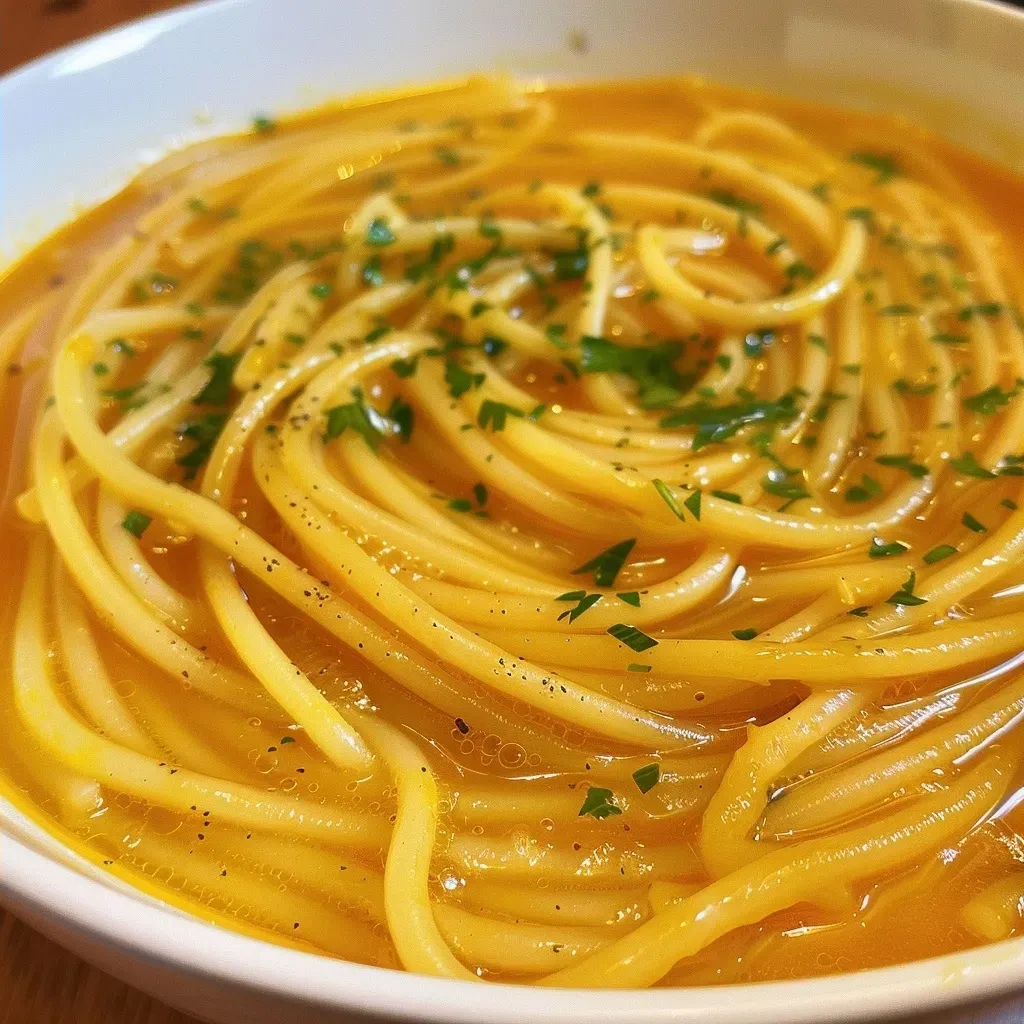 A vibrant soup featuring strands of spaghetti squash and colorful vegetables in a bowl.