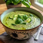 ['A close-up side view of a creamy green soup with visible flecks of basil and garlic.', 'A vibrant bowl of chilled zucchini soup garnished with basil and a drizzle of olive oil.', 'A detailed view of a fresh zucchini soup showcasing its smooth texture and green color.', 'An appealing presentation of cold zucchini soup with basil leaves and a hint of olive oil.']