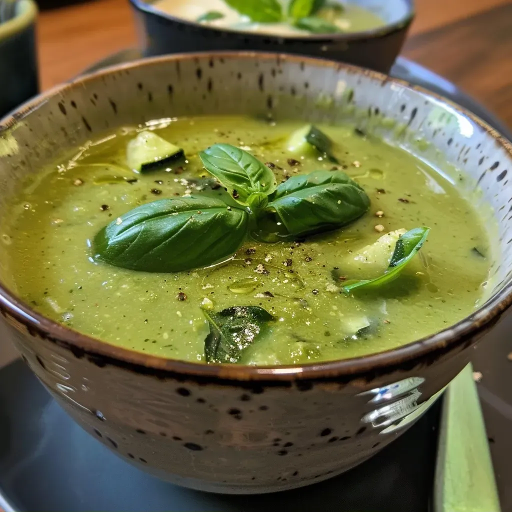 A close-up side view of a creamy green soup with visible flecks of basil and garlic.