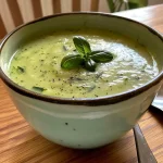 ['Close-up view of a vibrant green cold zucchini soup in a bowl.', 'Creamy cold soup made with courgettes, garnished and ready to serve.', 'Refreshing zucchini soup in a bowl, showcasing its smooth texture.', 'Side view of a chilled zucchini soup, featuring chunks of vegetables.']