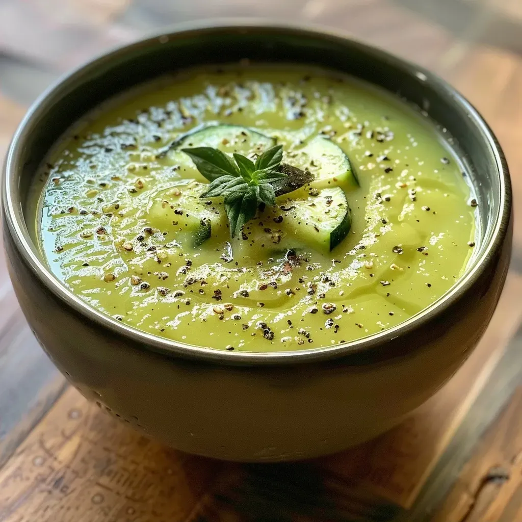 Close-up view of a vibrant green cold zucchini soup in a bowl.