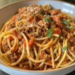 Close-up of a plate of spaghetti with ground beef and marinara sauce.