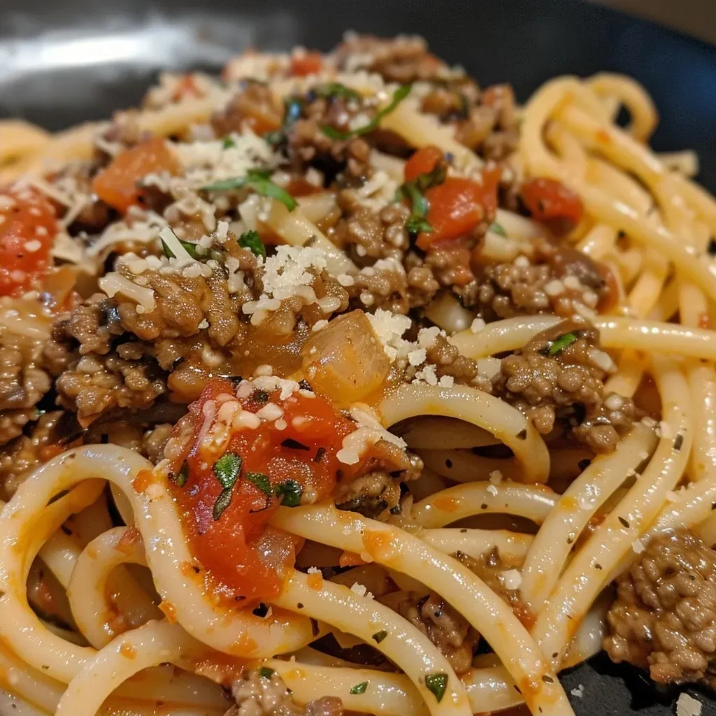 Side view of high-protein spaghetti topped with cheese and herbs.