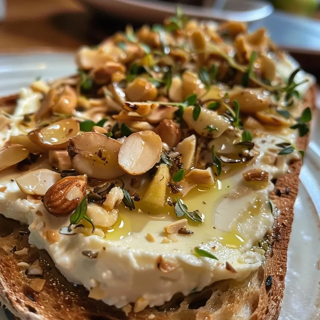 Rich and creamy plant-based tartinade with a variety of ingredients on a wooden board.