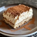 Close-up shot of a slice of Rice Cake Tiramisu with creamy layers and cocoa dusting.