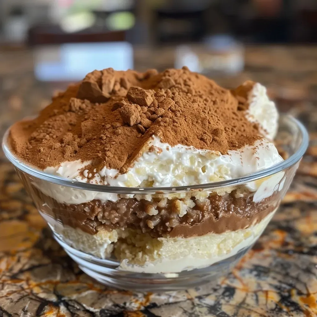 Side view of a protein-packed Rice Cake Tiramisu, showcasing its layered texture and coffee color.