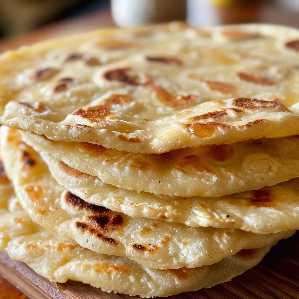 Close-up of golden-brown homemade flour tortillas stacked on a wooden board.