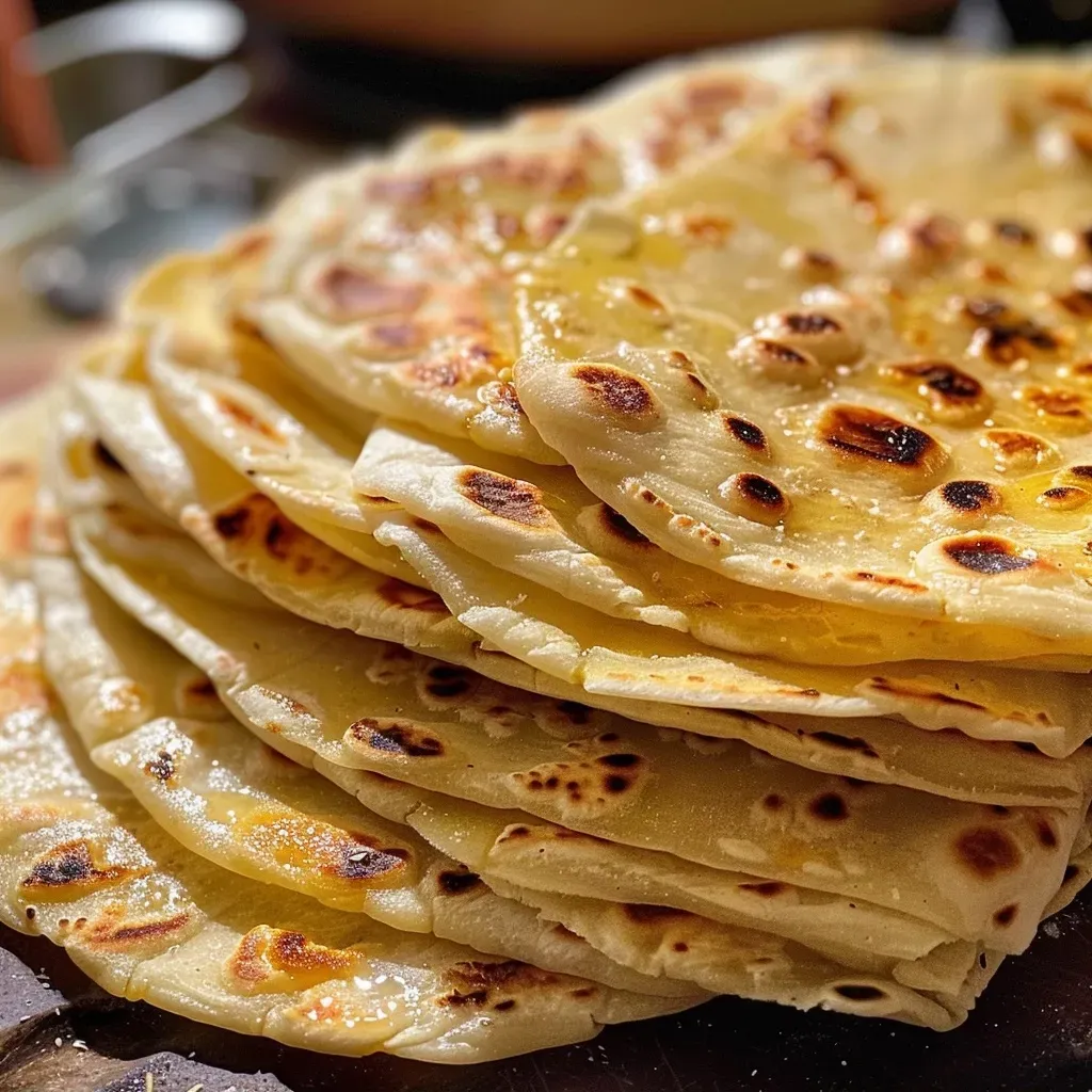 Close-up of golden-brown homemade flour tortillas stacked on a wooden board.